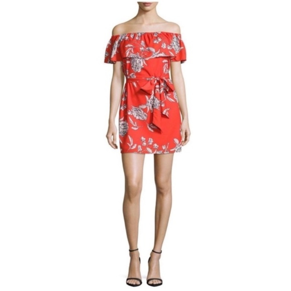 YUMI KIM RED CARNATION MARQUEE RUFFLE OFF SHOULDER TUNIC FLORAL DRESS L